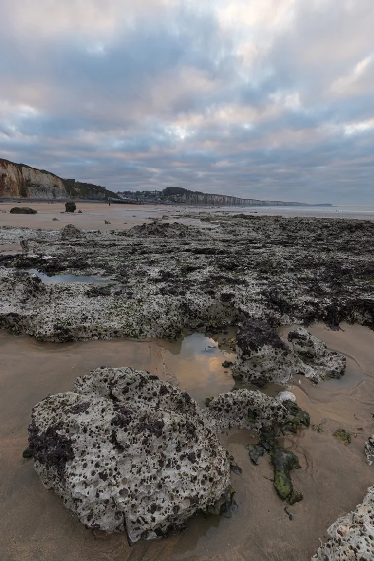 Rochers sur la plage de Veules les roses en fin de journée