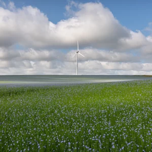 Lin fleuri, éolienne et ciel avec quelques nuages, Pays de Caux
