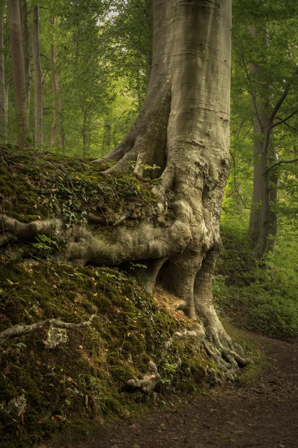 Arbre sur un talus dans un sous-bois
